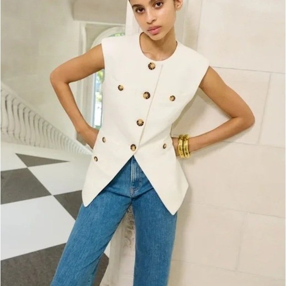 VERONICA BEARD Tamara Blazer Tortoise Shell Buttons White Sleeveless Vest Size 6 - Picture 2 of 13